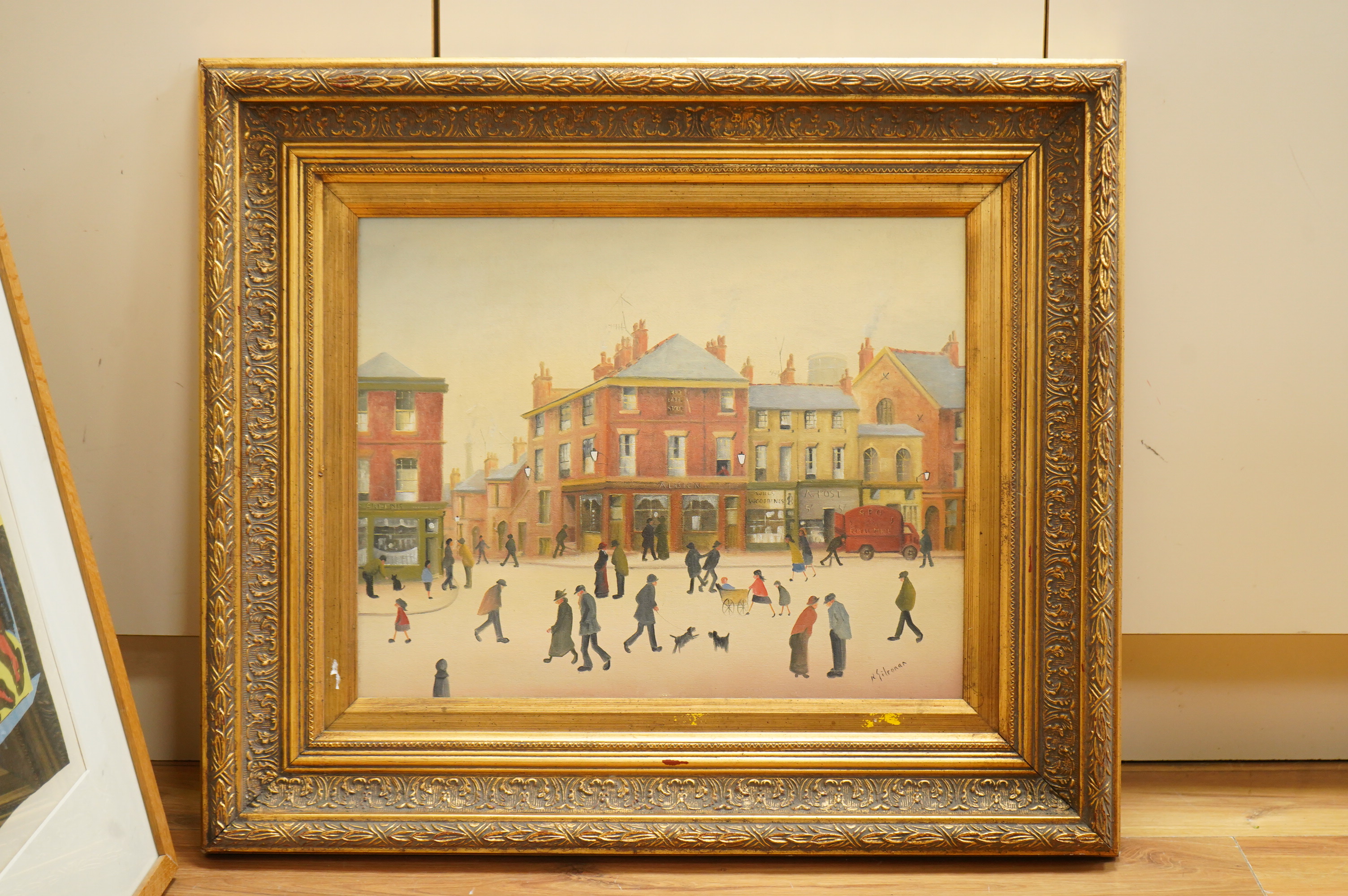 Raymond Gilronan (b.1950), In the manner of Laurence Stephen Lowry, Figures walking about, signed, oil on board, 39 x 49cm, gilt frame